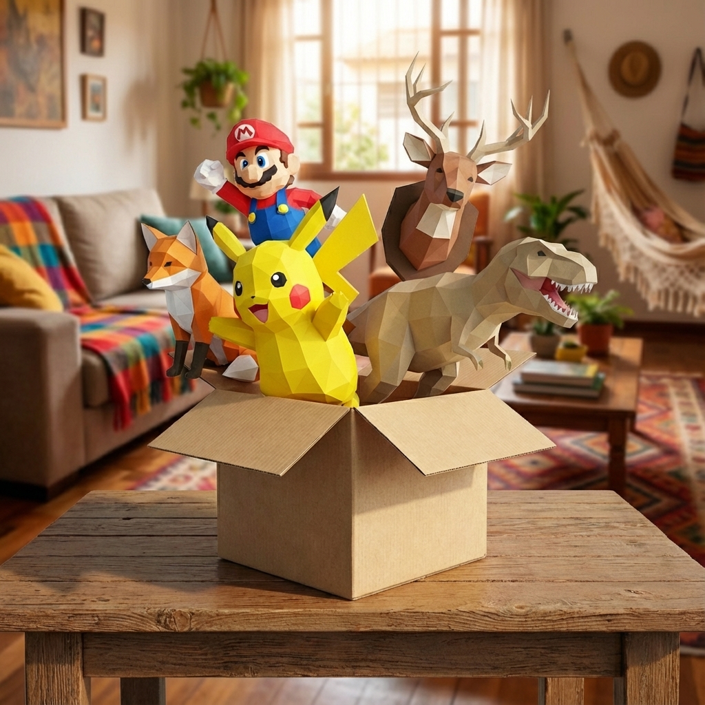 Caixa Mundo de Papel 3D com vários modelos em sala aconchegante